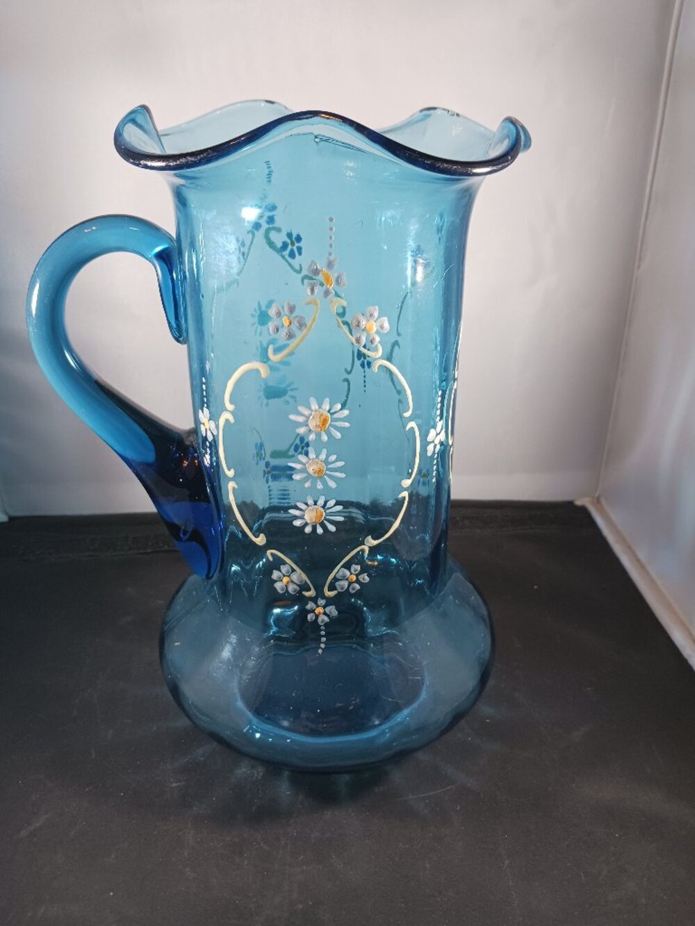 Antique 1890s Victorian Blue Glass Pitcher Hand Painted Floral Ruffled Rim